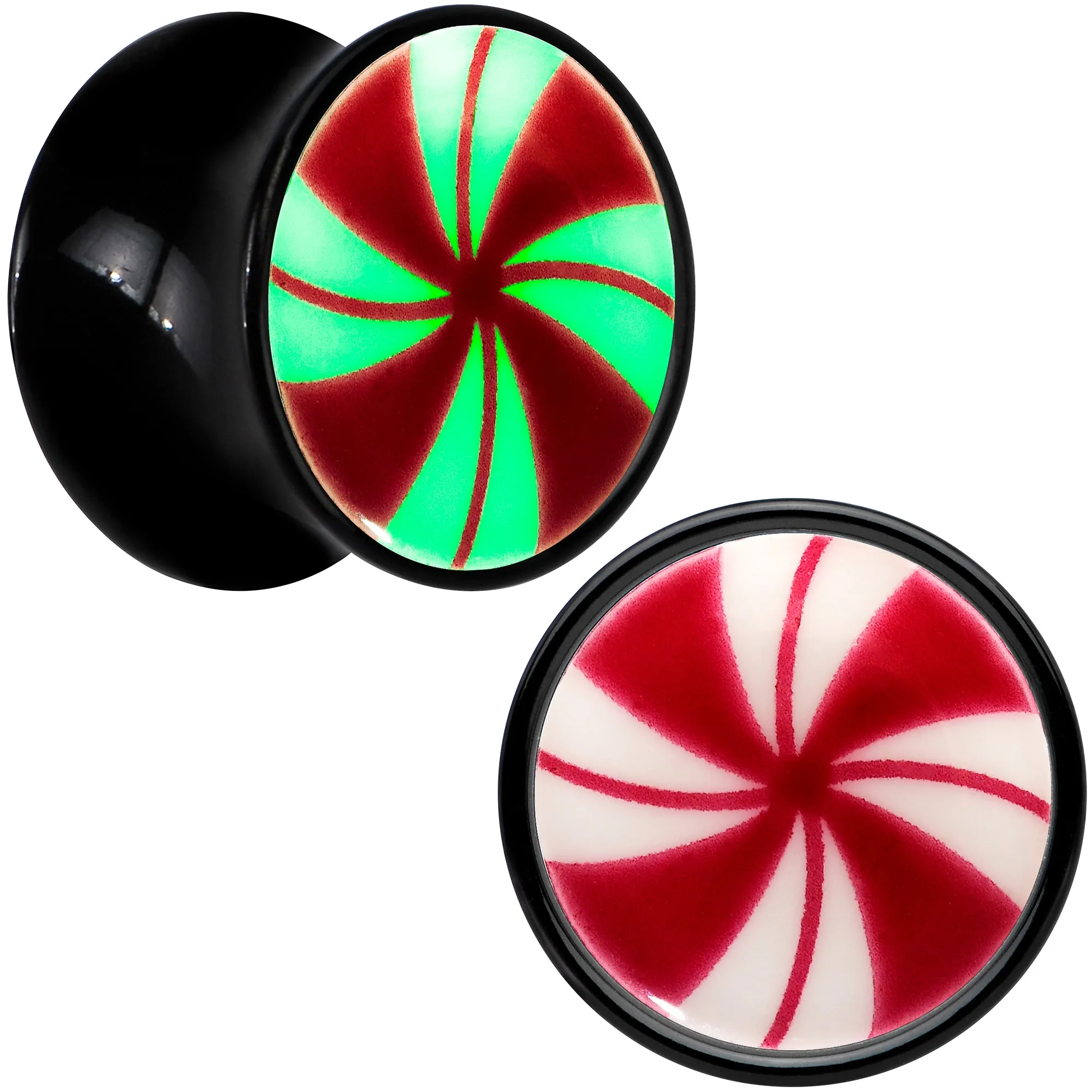 Black Acrylic Peppermint Candy Glow in Dark Double Flare Plug Set