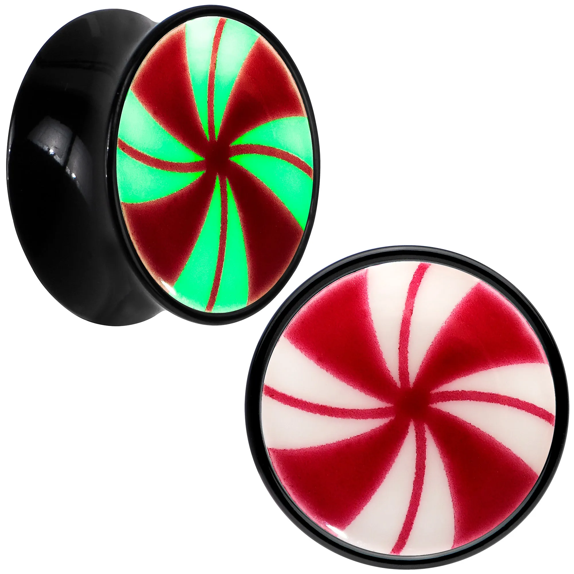 Black Acrylic Peppermint Candy Glow in Dark Double Flare Plug Set
