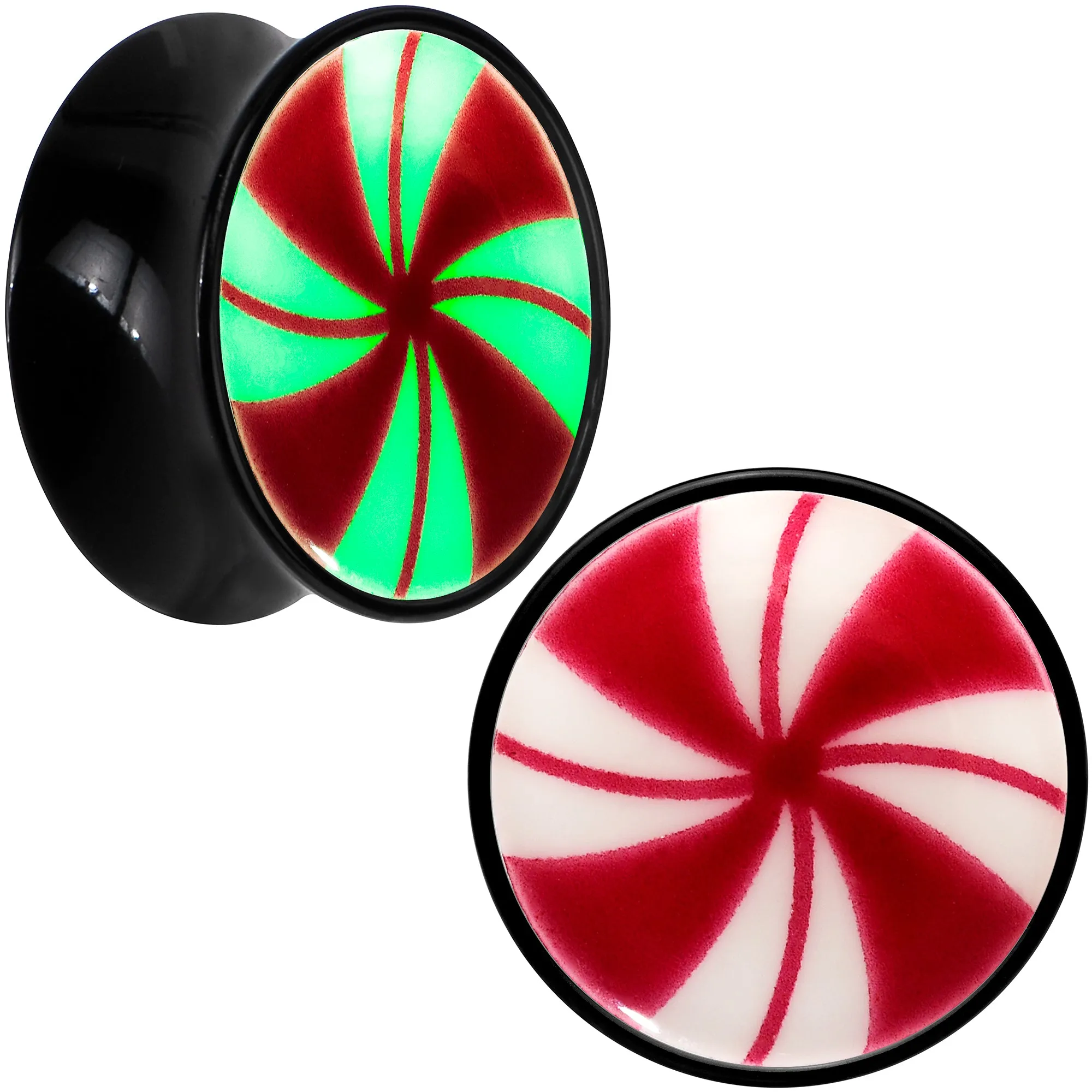 Black Acrylic Peppermint Candy Glow in Dark Double Flare Plug Set