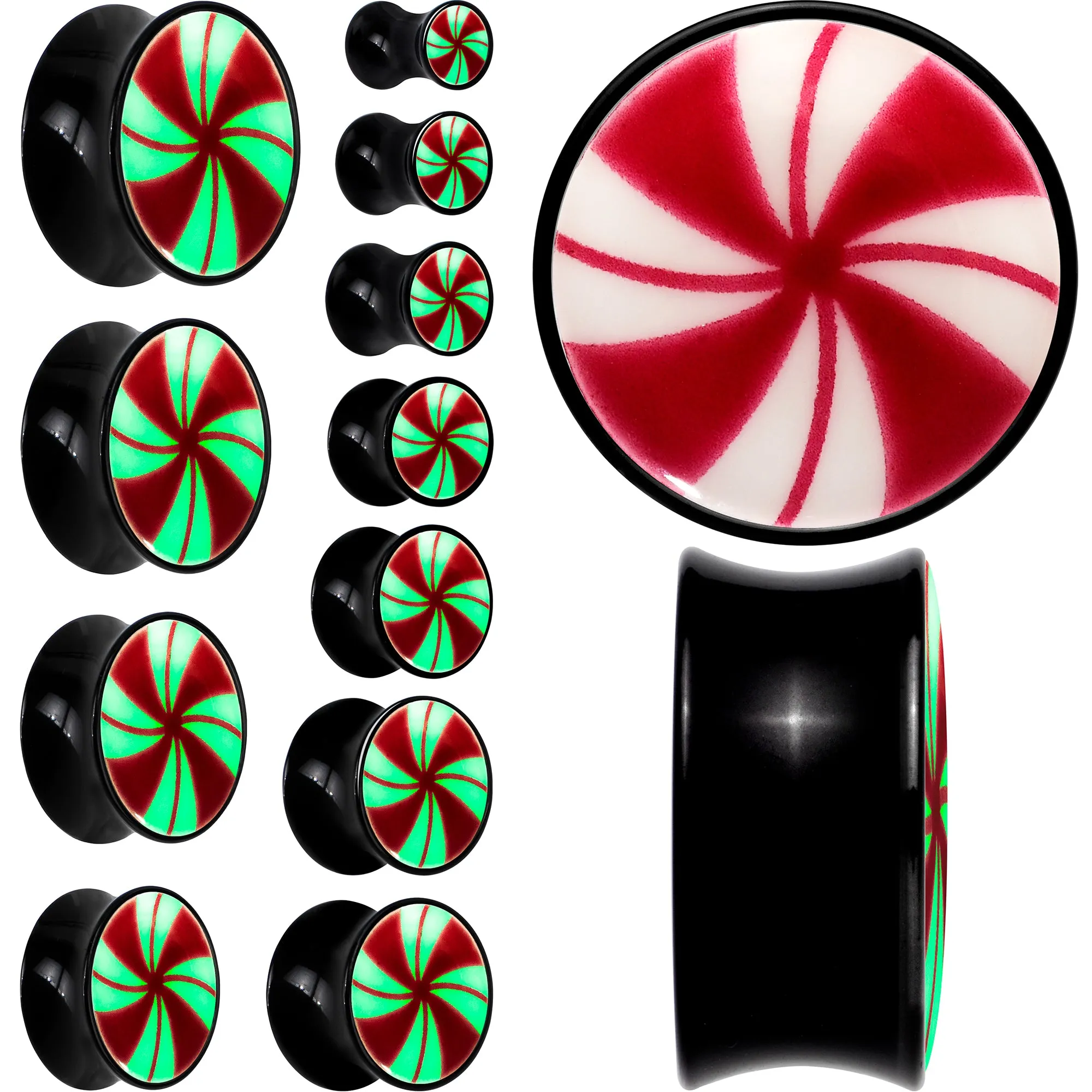 Black Acrylic Peppermint Candy Glow in Dark Double Flare Plug Set