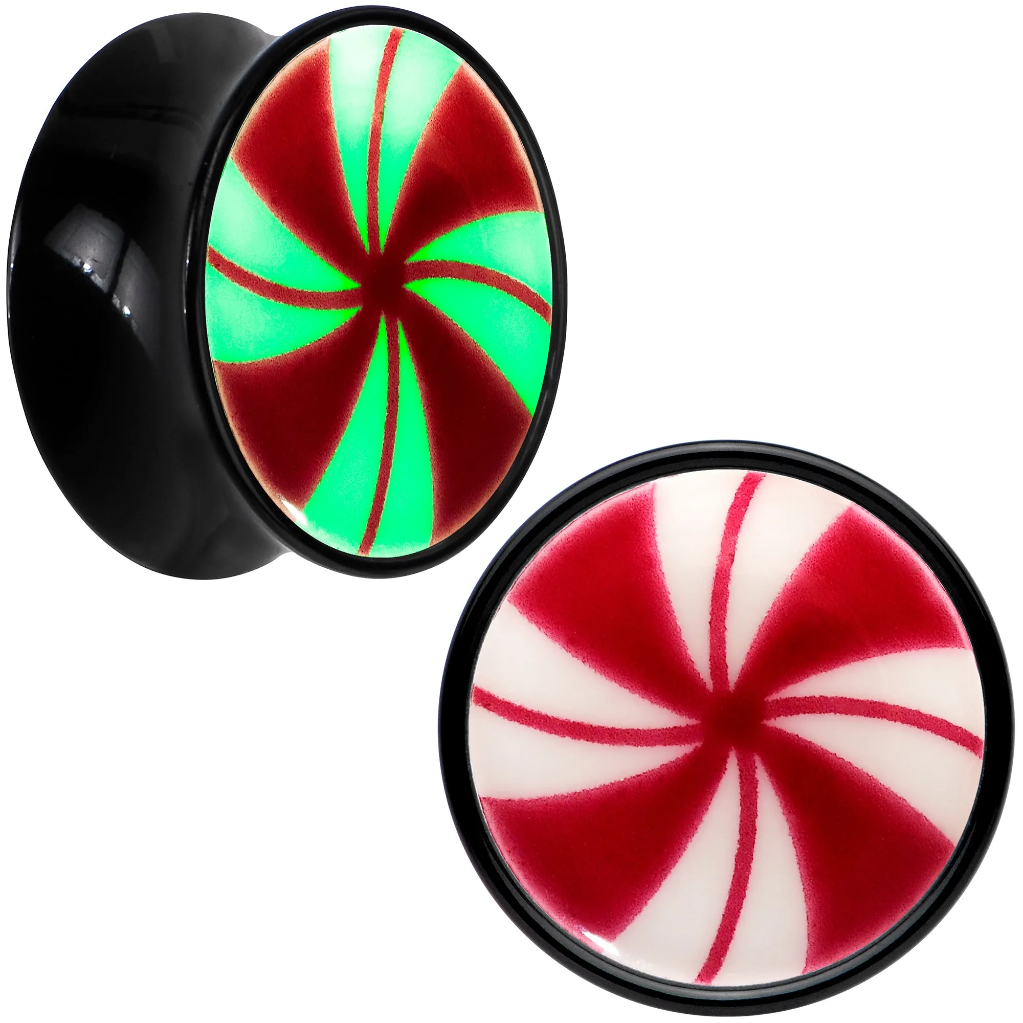 Black Acrylic Peppermint Candy Glow in Dark Double Flare Plug Set