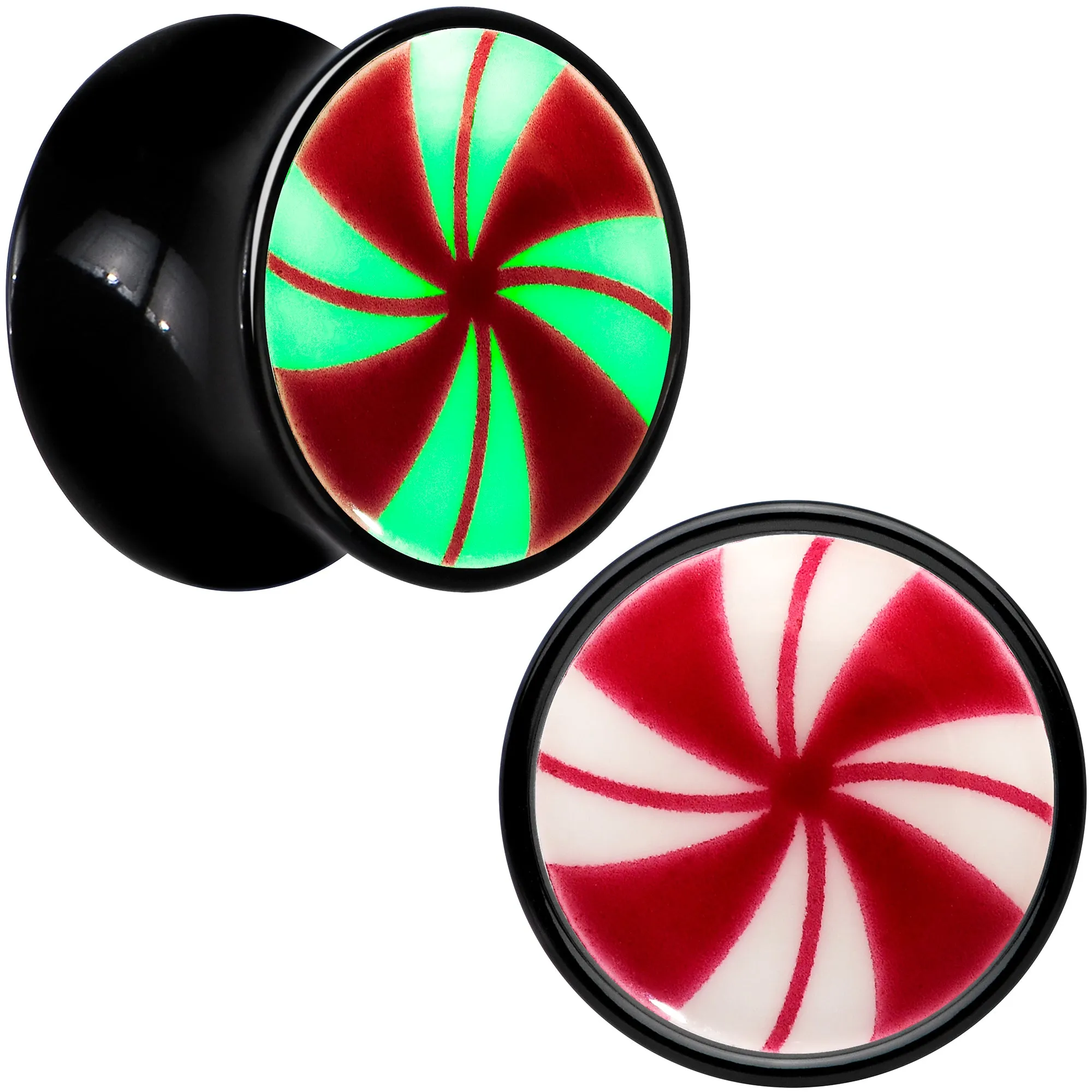Black Acrylic Peppermint Candy Glow in Dark Double Flare Plug Set
