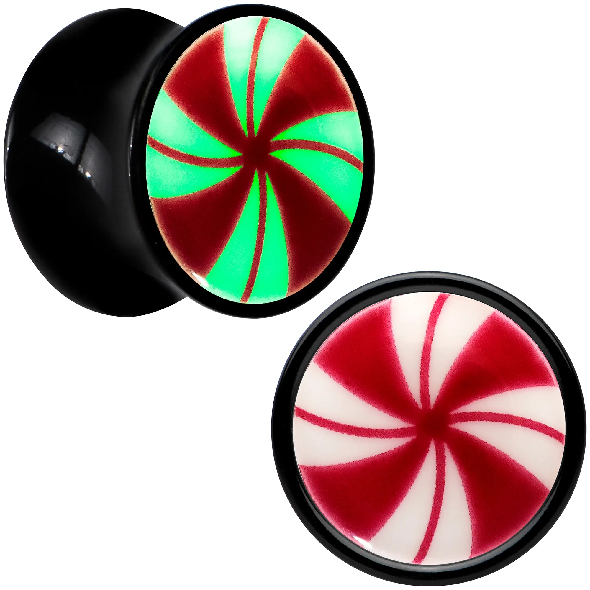 Black Acrylic Peppermint Candy Glow in Dark Double Flare Plug Set