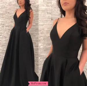 Black Spaghetti Straps A-line Prom Dress Satin V Neckline with Pockets