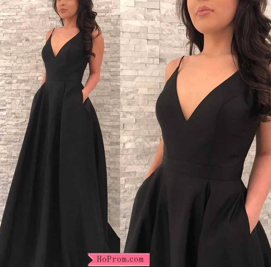 Black Spaghetti Straps A-line Prom Dress Satin V Neckline with Pockets