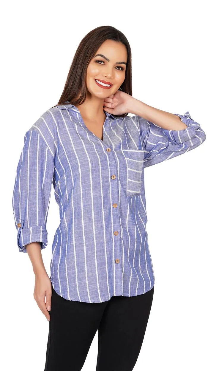Blue and White Striped Casual Long Sleeve Stylish V-Neck Shirts with Pocket