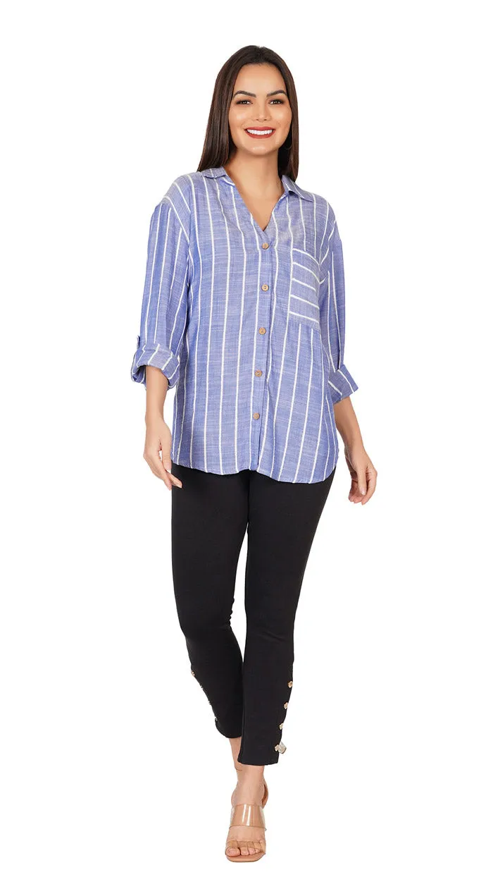 Blue and White Striped Casual Long Sleeve Stylish V-Neck Shirts with Pocket