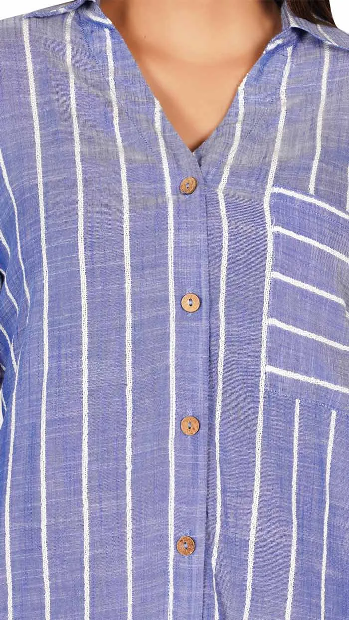 Blue and White Striped Casual Long Sleeve Stylish V-Neck Shirts with Pocket
