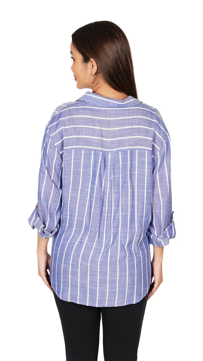 Blue and White Striped Casual Long Sleeve Stylish V-Neck Shirts with Pocket