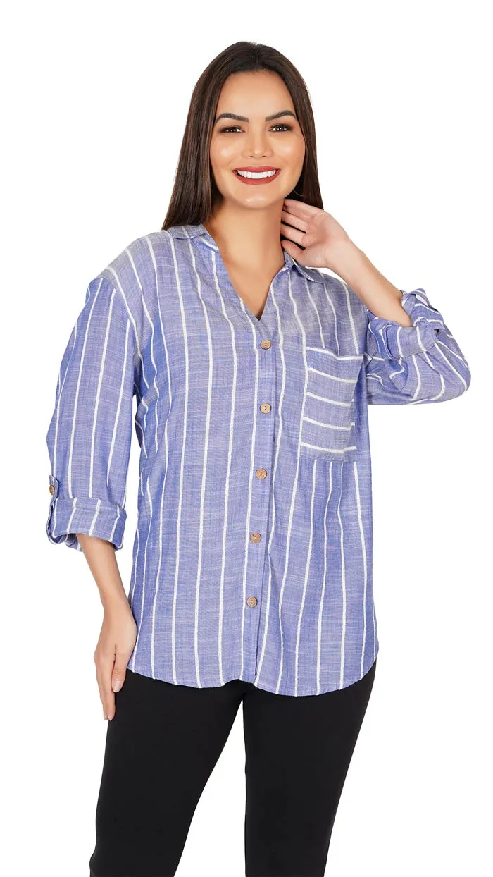 Blue and White Striped Casual Long Sleeve Stylish V-Neck Shirts with Pocket