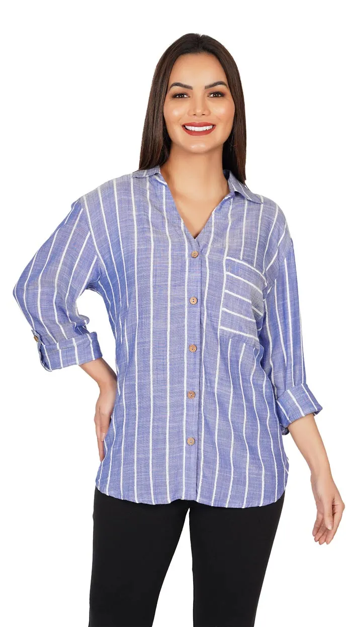 Blue and White Striped Casual Long Sleeve Stylish V-Neck Shirts with Pocket