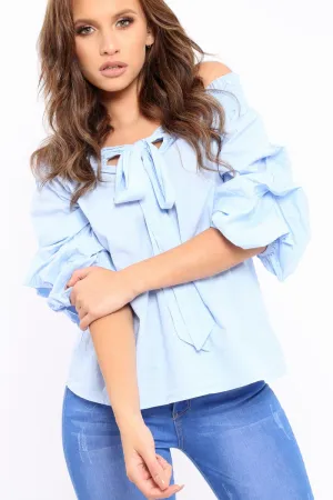 Blue Ruffle Sleeve Bardot Top - Crissy