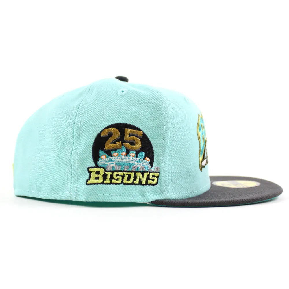 Buffalo Bisons 25TH ANNIVERSARY New Era 59Fifty Fitted Hat (Glow in the Dark BLUE TINT DK GRAPHITE TEAL BREEZE Under Brim)