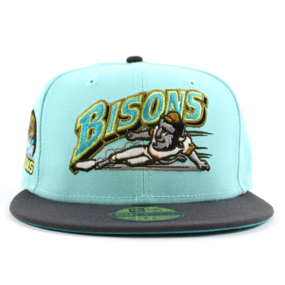 Buffalo Bisons 25TH ANNIVERSARY New Era 59Fifty Fitted Hat (Glow in the Dark BLUE TINT DK GRAPHITE TEAL BREEZE Under Brim)