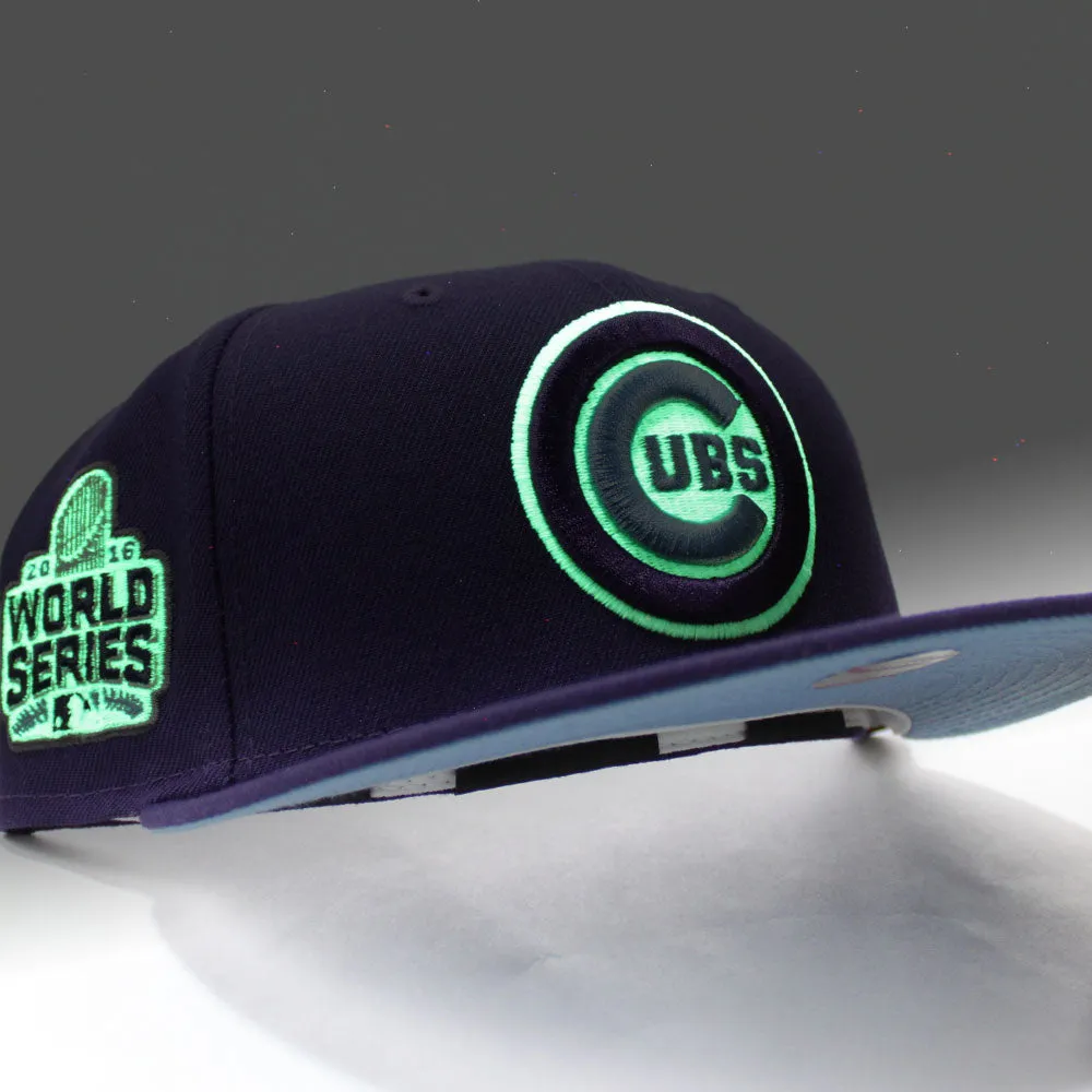 Chicago Cubs 2016 World Series New Era 59Fifty Fitted Hat (Glow in the Dark Purple Sky Blue Under Brim)