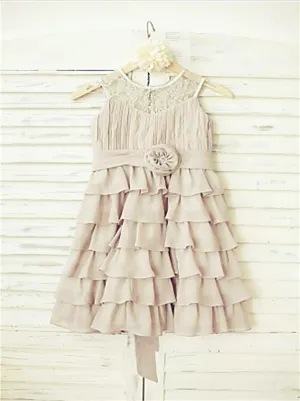 Chiffon Ruffles Princess Scoop Flower Girl Dresses Floor Length With Hand-Made Flower