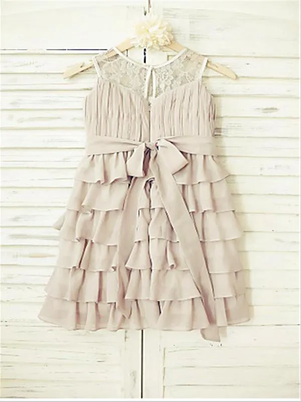 Chiffon Ruffles Princess Scoop Flower Girl Dresses Floor Length With Hand-Made Flower