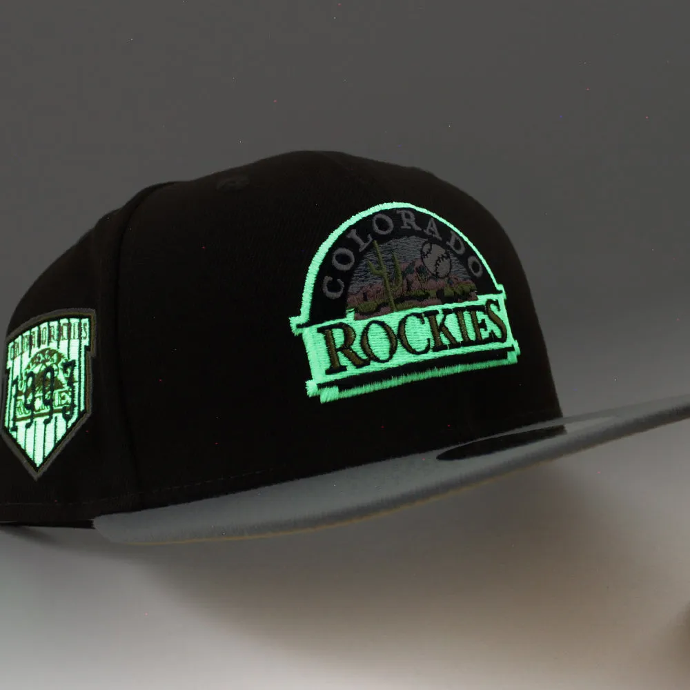 Colorado Rockies EST 1993 New Era 59Fifty Fitted Hat (Glow in the Dark BurntWood Misty Morning Metalic Gold Under Brim)