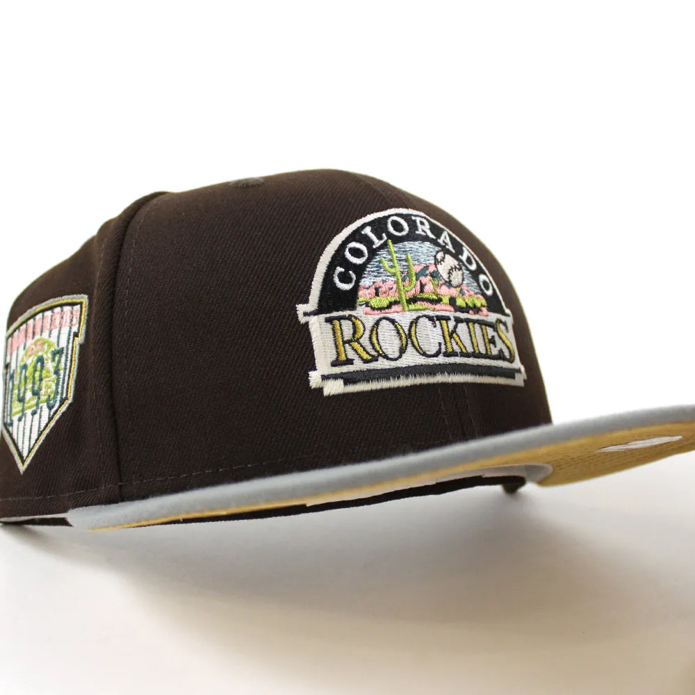 Colorado Rockies EST 1993 New Era 59Fifty Fitted Hat (Glow in the Dark BurntWood Misty Morning Metalic Gold Under Brim)