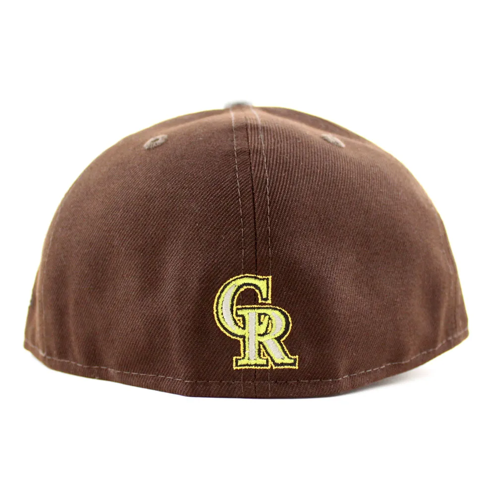 Colorado Rockies EST 1993 New Era 59Fifty Fitted Hat (Glow in the Dark BurntWood Misty Morning Metalic Gold Under Brim)