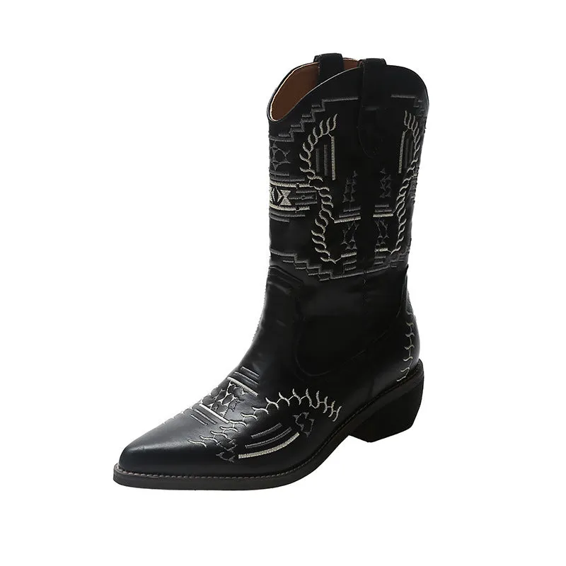 Cowboy Boots With Pointed Toe And Thick Heel
