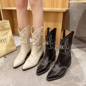 Cowboy Boots With Pointed Toe And Thick Heel