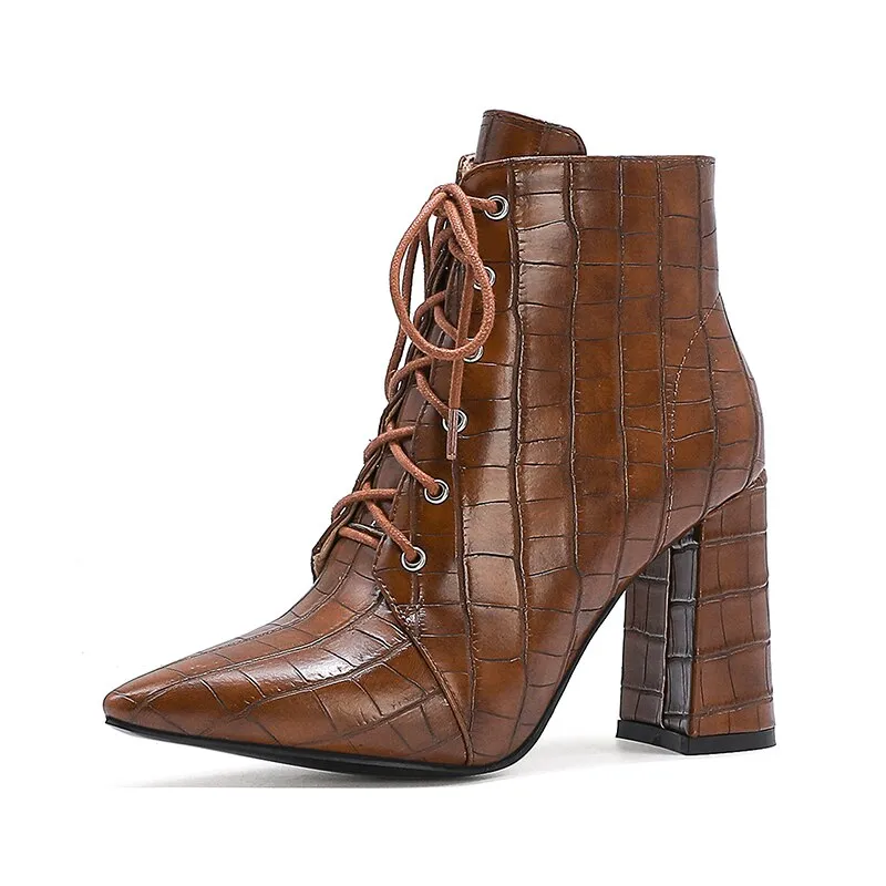 Cross Lace Super Thick Heel Pointed Stone Pattern Martin Boots Warm Plush Inner Fashion Sexy Street Fashion Women's Ankle Boots