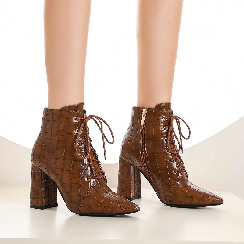 Cross Lace Super Thick Heel Pointed Stone Pattern Martin Boots Warm Plush Inner Fashion Sexy Street Fashion Women's Ankle Boots