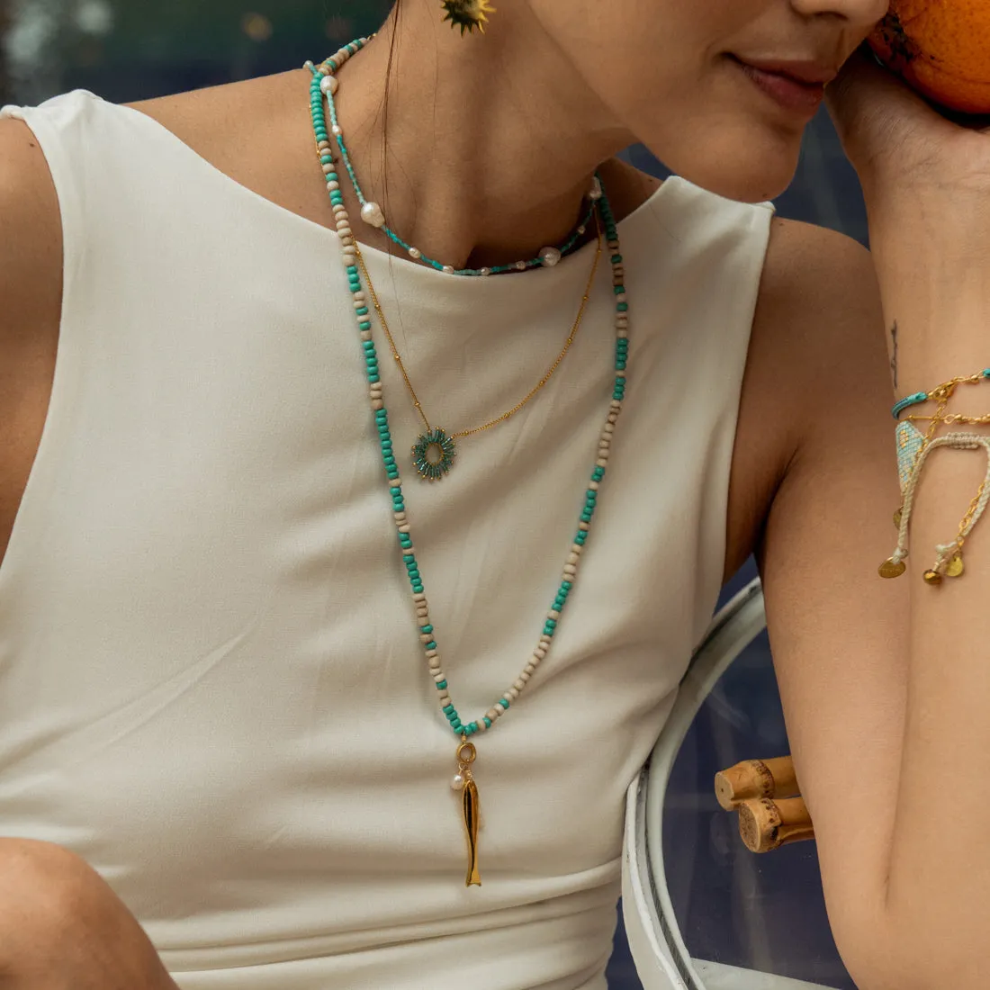 Czech & African Bead Necklace with Gold plated Fish Charm