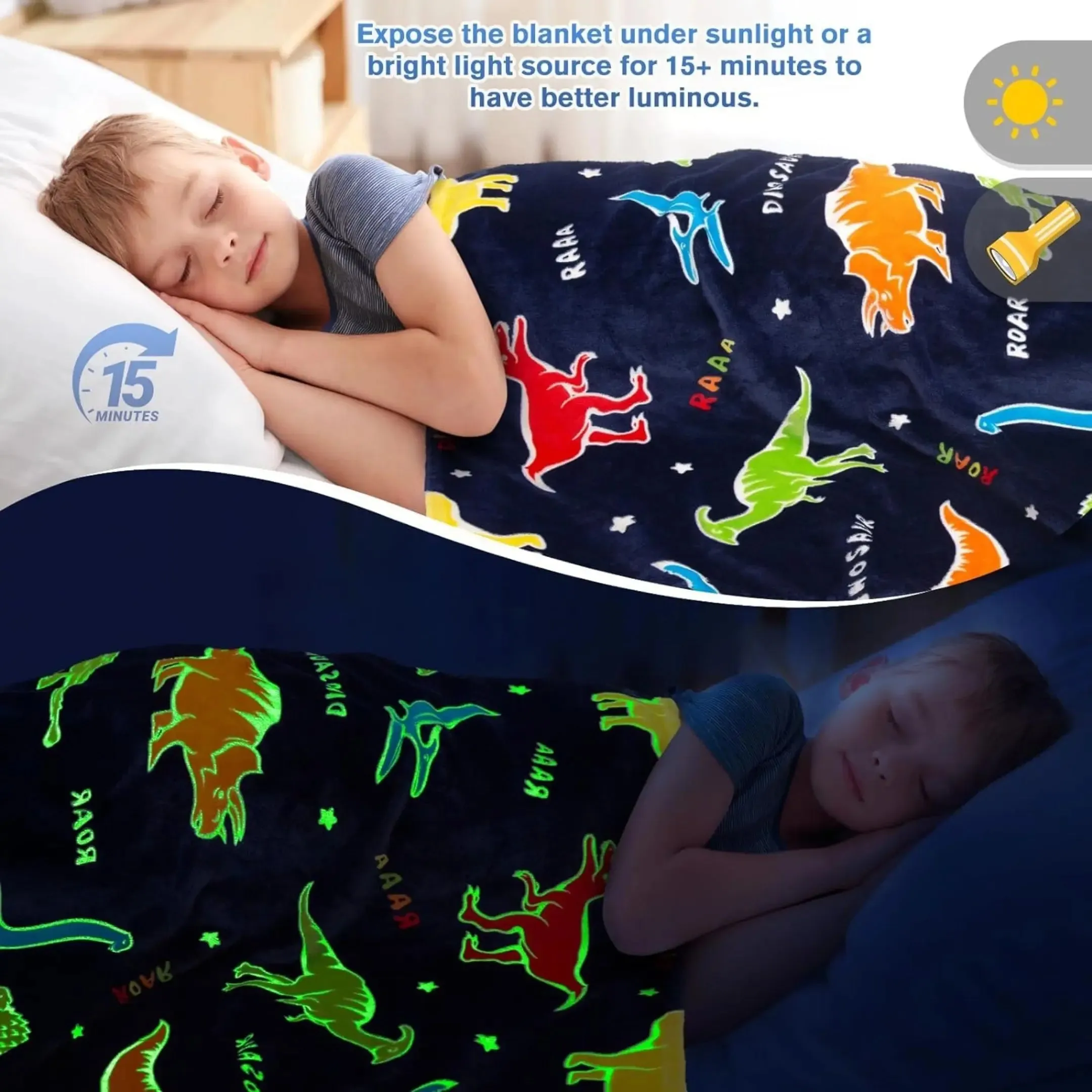 Dark Blue Dinosaur Glow Blanket for Kids | 0-15 Yrs | Super Soft & Cozy