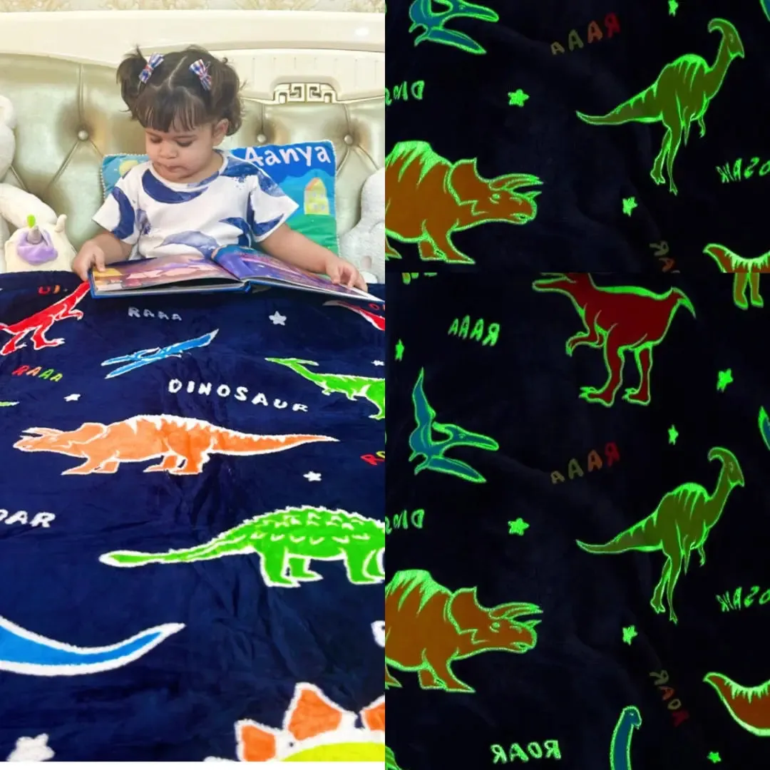 Dark Blue Dinosaur Glow Blanket for Kids | 0-15 Yrs | Super Soft & Cozy