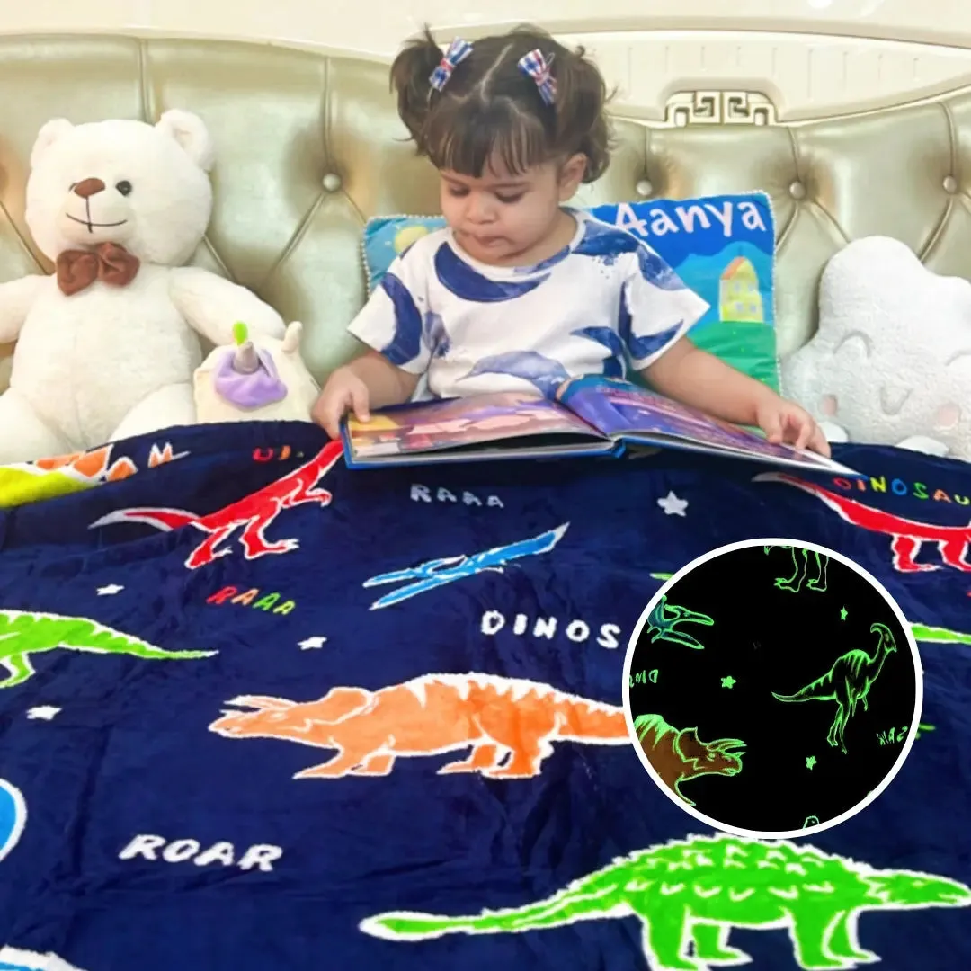 Dark Blue Dinosaur Glow Blanket for Kids | 0-15 Yrs | Super Soft & Cozy