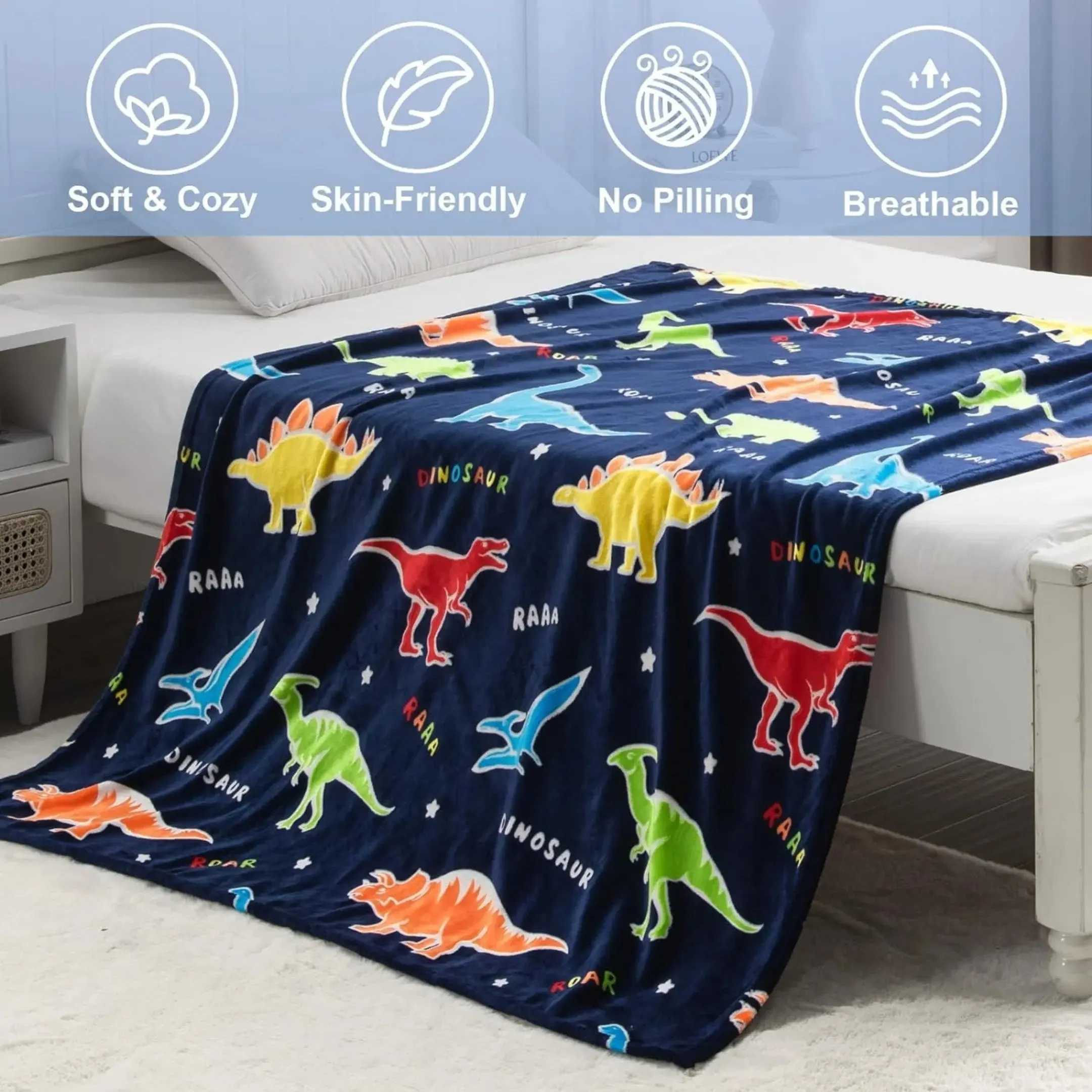 Dark Blue Dinosaur Glow Blanket for Kids | 0-15 Yrs | Super Soft & Cozy