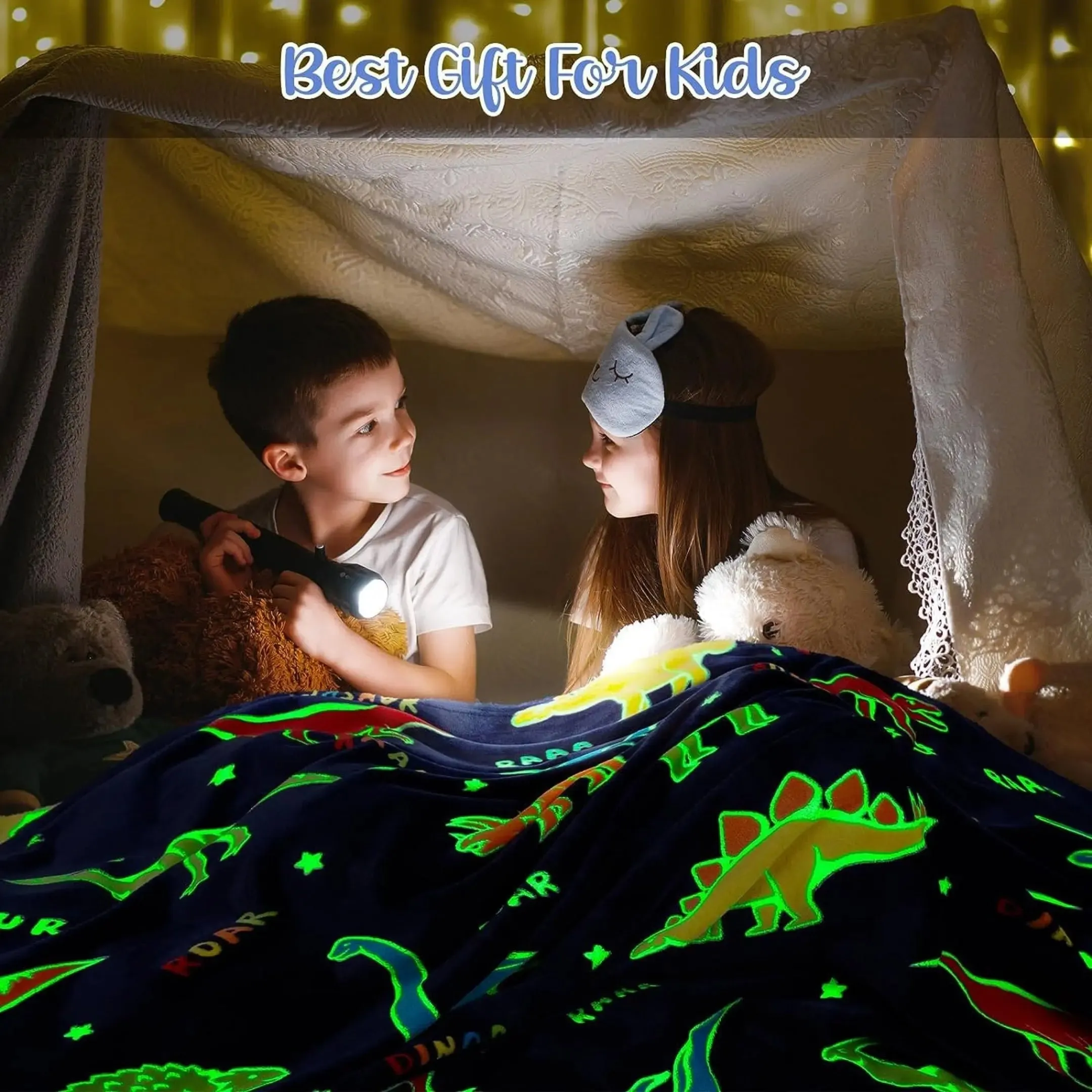 Dark Blue Dinosaur Glow Blanket for Kids | 0-15 Yrs | Super Soft & Cozy