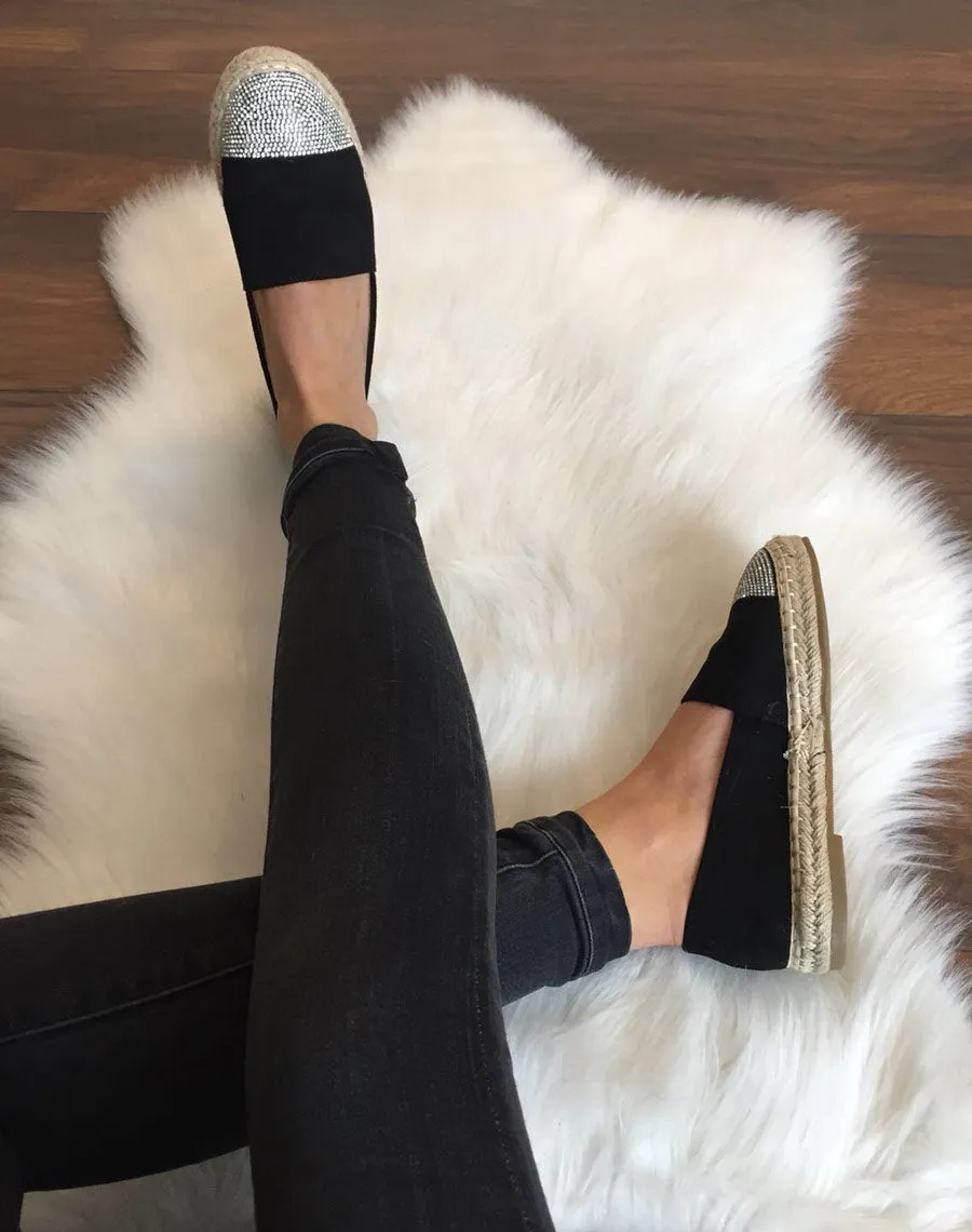 Espadrilles noires en suédine ornées de strass