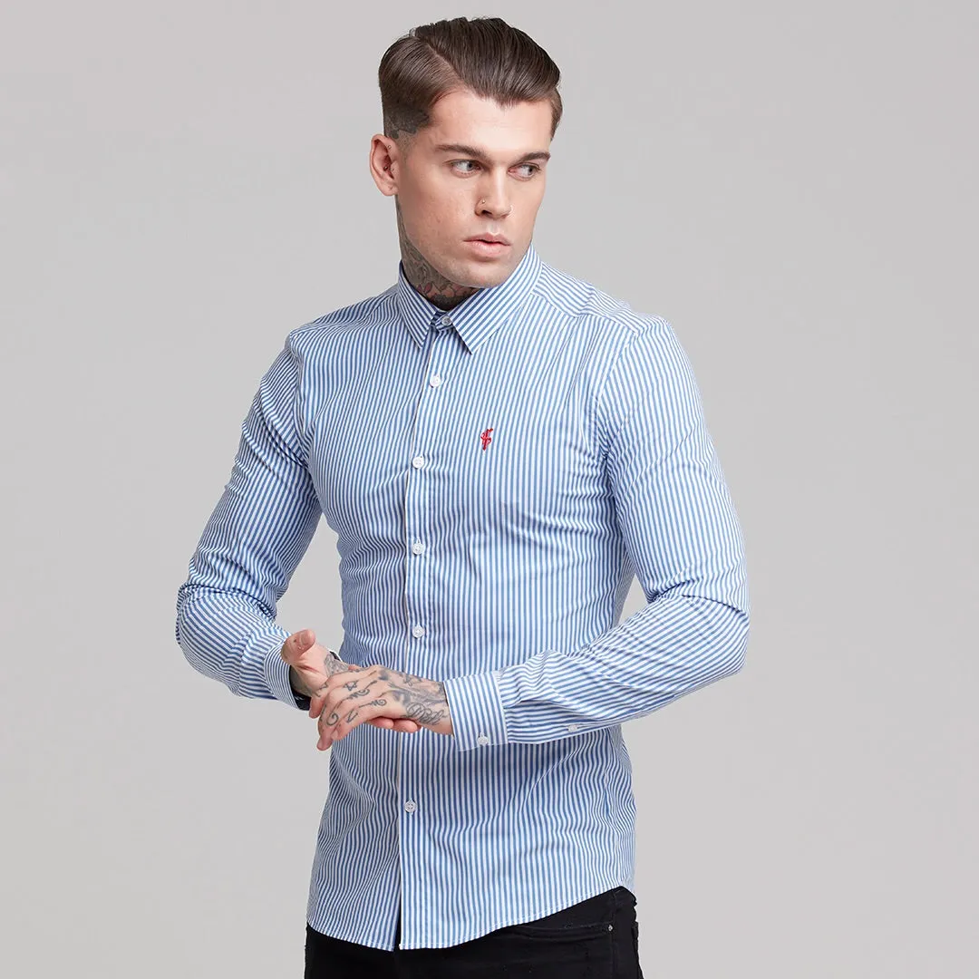 Father Sons Super Slim Stretch White & Navy Stripe (Red Emblem)  -  FS513