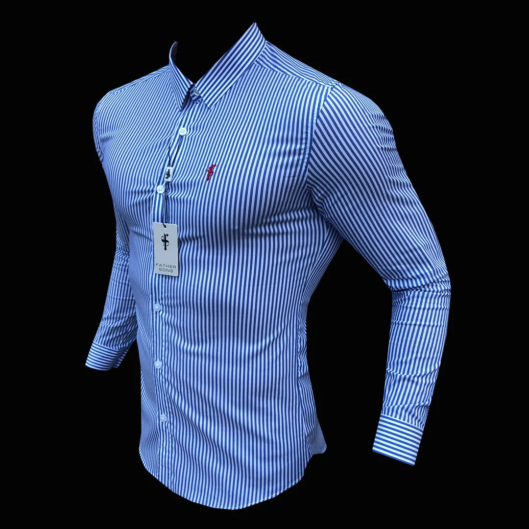 Father Sons Super Slim Stretch White & Navy Stripe (Red Emblem)  -  FS513