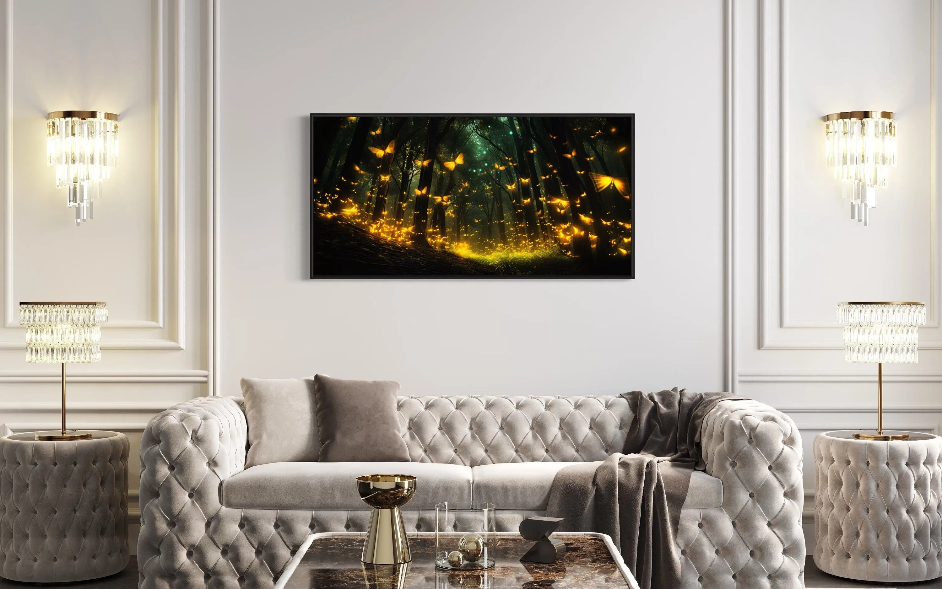Fireflies In The Dark Forest Framed Canvas Wall Art