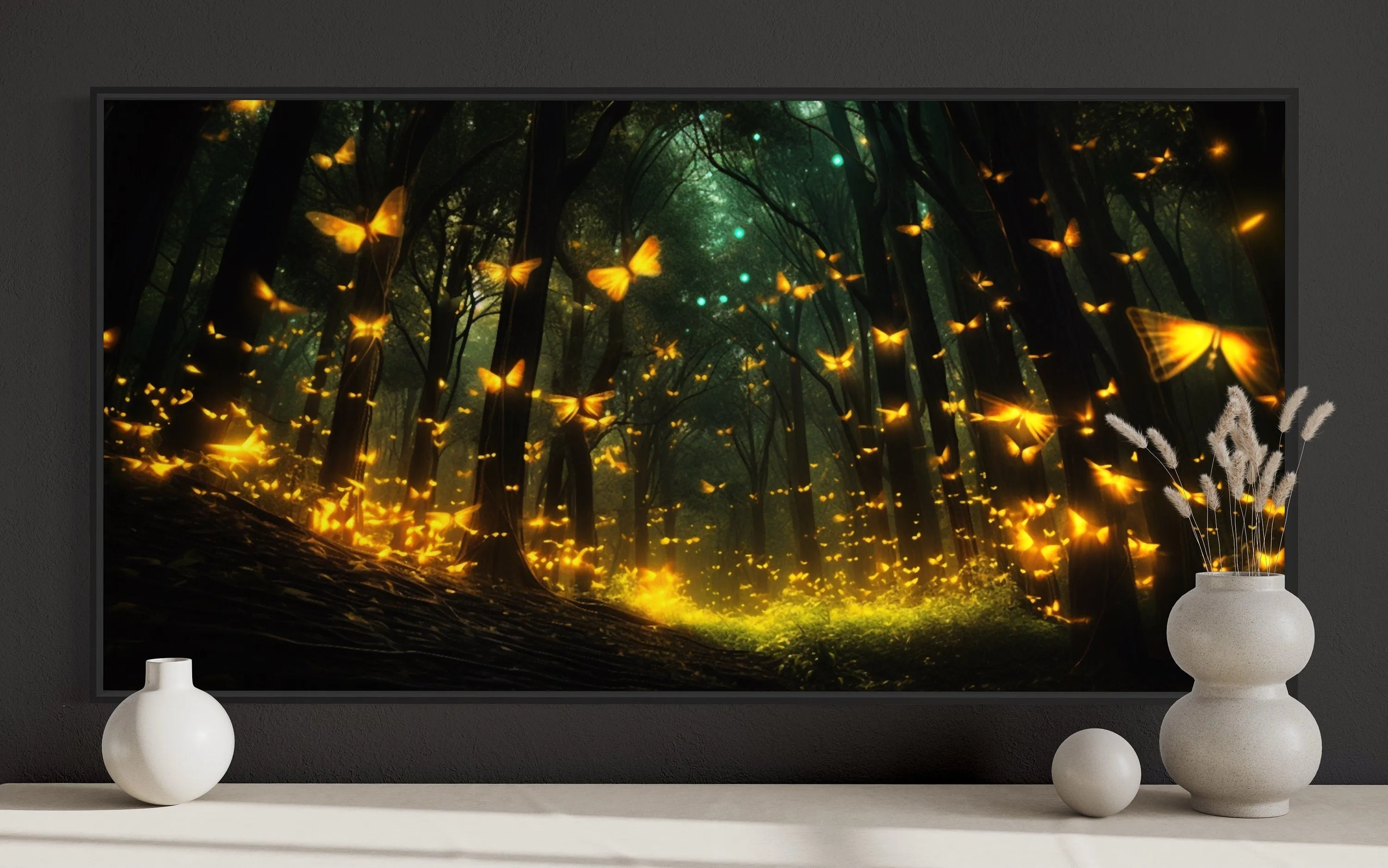 Fireflies In The Dark Forest Framed Canvas Wall Art