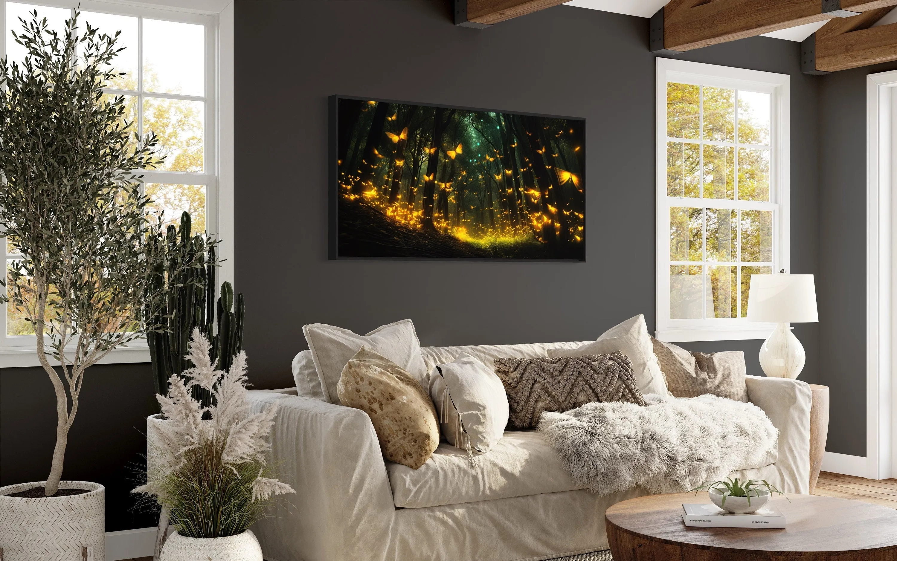 Fireflies In The Dark Forest Framed Canvas Wall Art