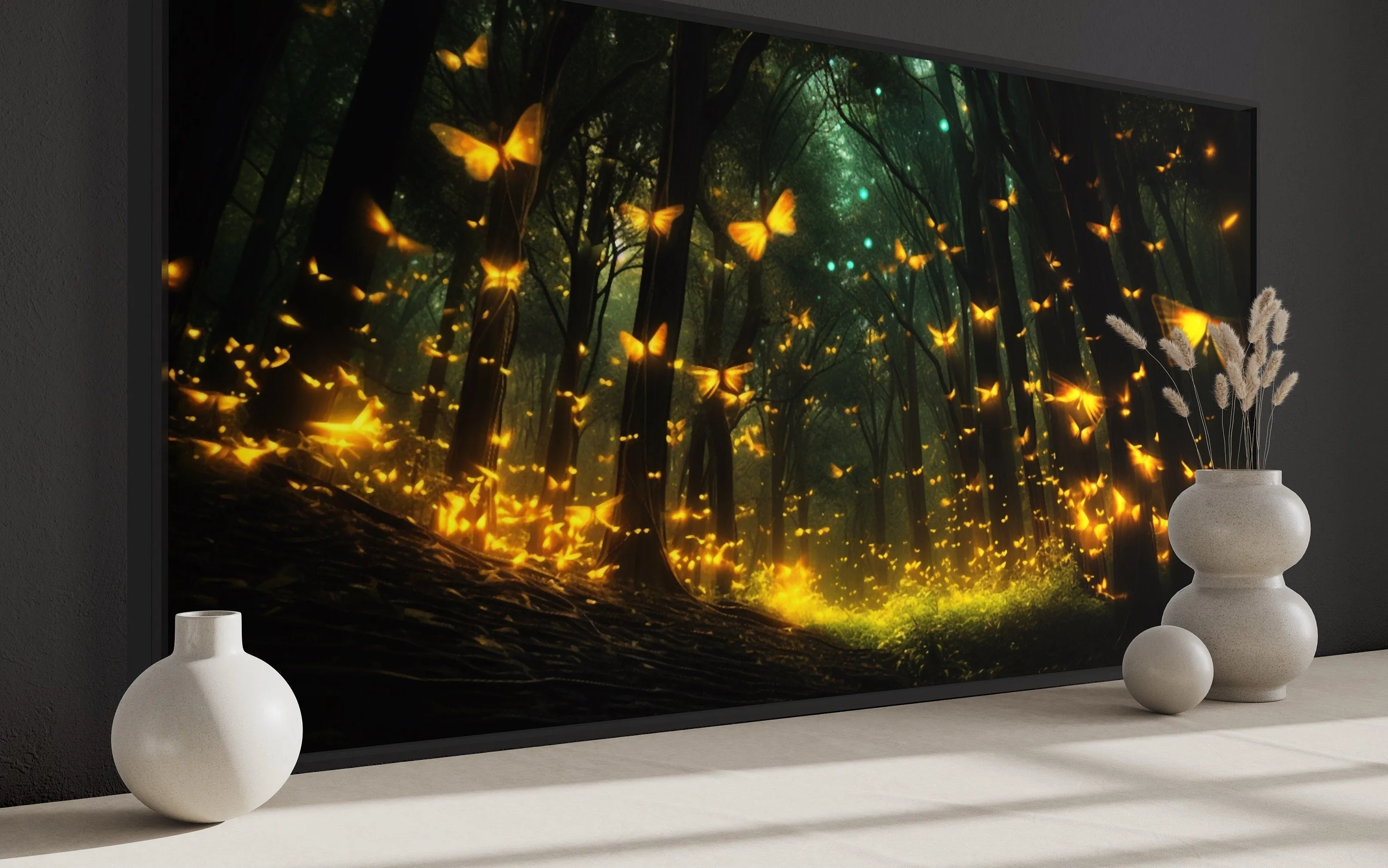 Fireflies In The Dark Forest Framed Canvas Wall Art