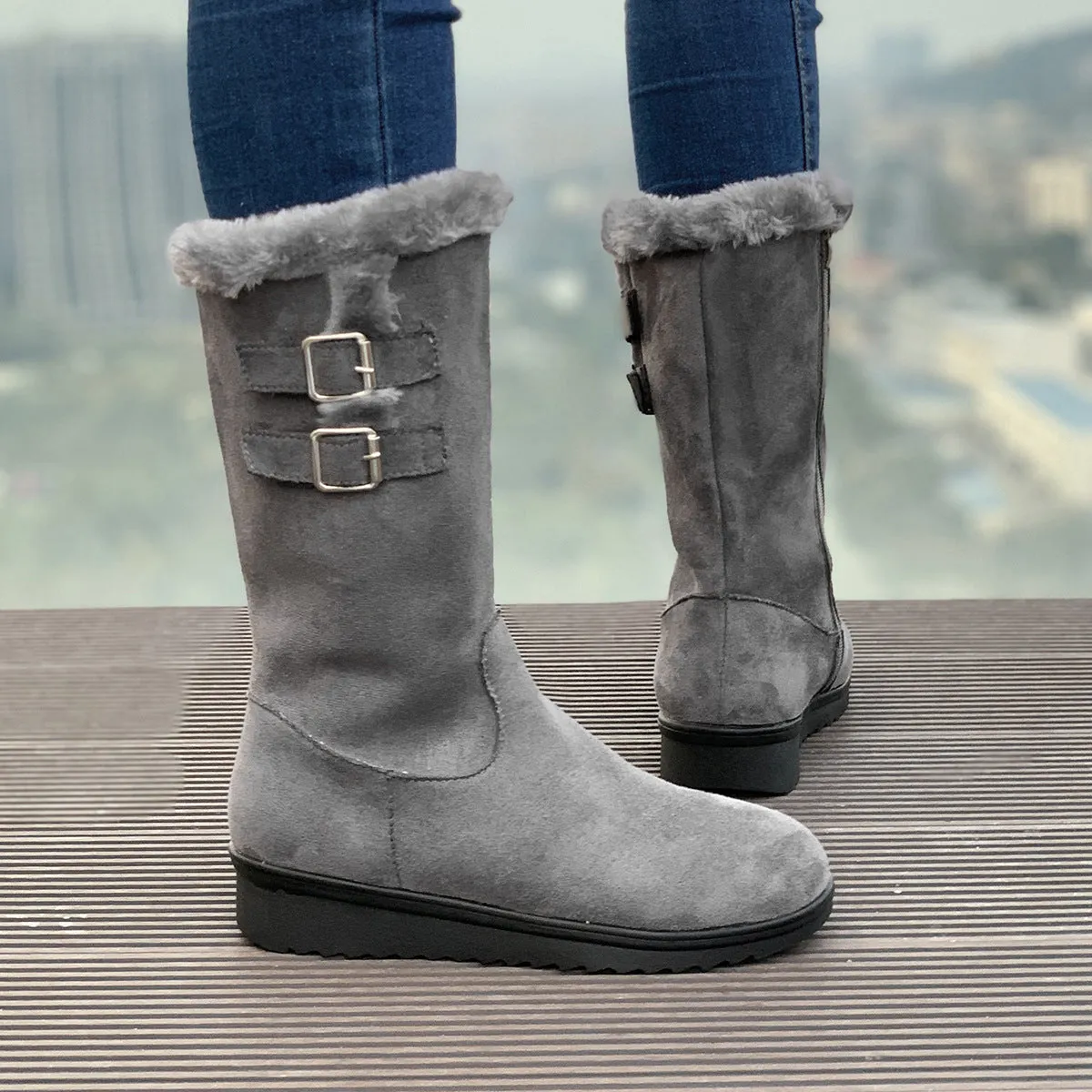 Fleece-lined, Thick Mid-calf, Martin Boots Wedge Heel