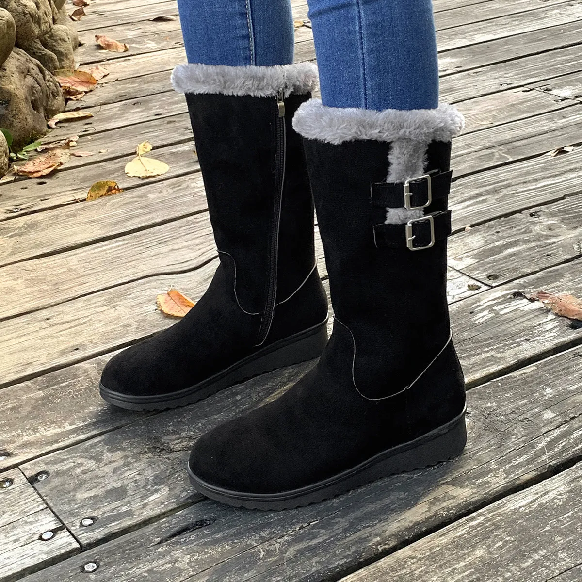 Fleece-lined, Thick Mid-calf, Martin Boots Wedge Heel
