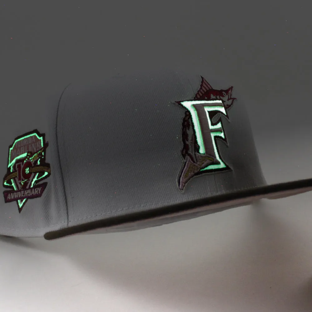 Florida Marlins 10th Anniversary New Era 59Fifty Fitted Hat (Glow in the Dark WHITE WALNUT PINK ROUGE Under brim)