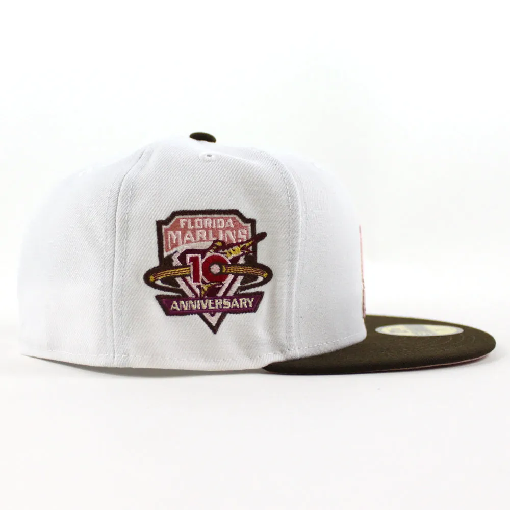 Florida Marlins 10th Anniversary New Era 59Fifty Fitted Hat (Glow in the Dark WHITE WALNUT PINK ROUGE Under brim)