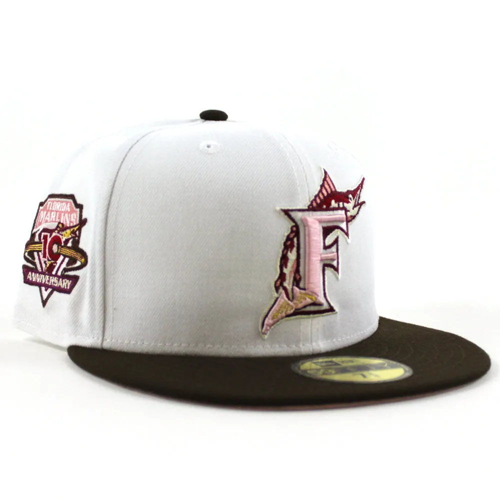Florida Marlins 10th Anniversary New Era 59Fifty Fitted Hat (Glow in the Dark WHITE WALNUT PINK ROUGE Under brim)