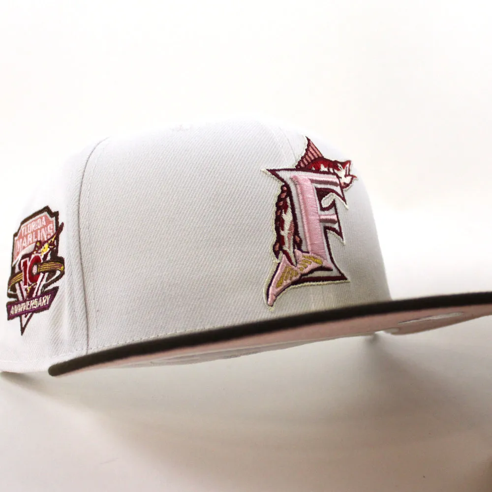 Florida Marlins 10th Anniversary New Era 59Fifty Fitted Hat (Glow in the Dark WHITE WALNUT PINK ROUGE Under brim)