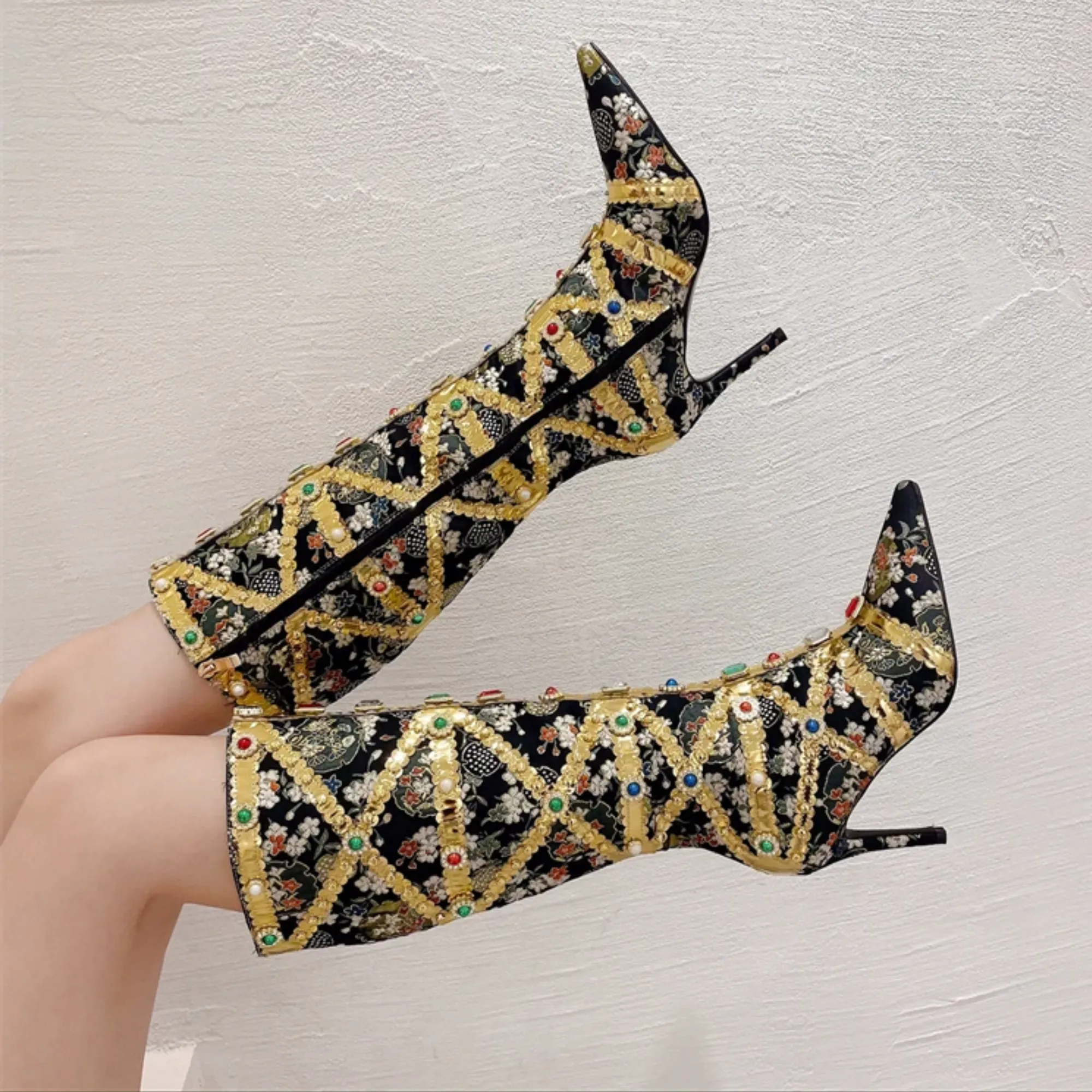 Gold Embellished Knee High Heeled Boots