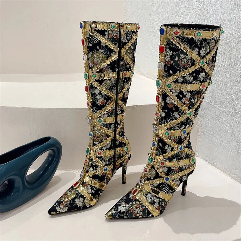 Gold Embellished Knee High Heeled Boots