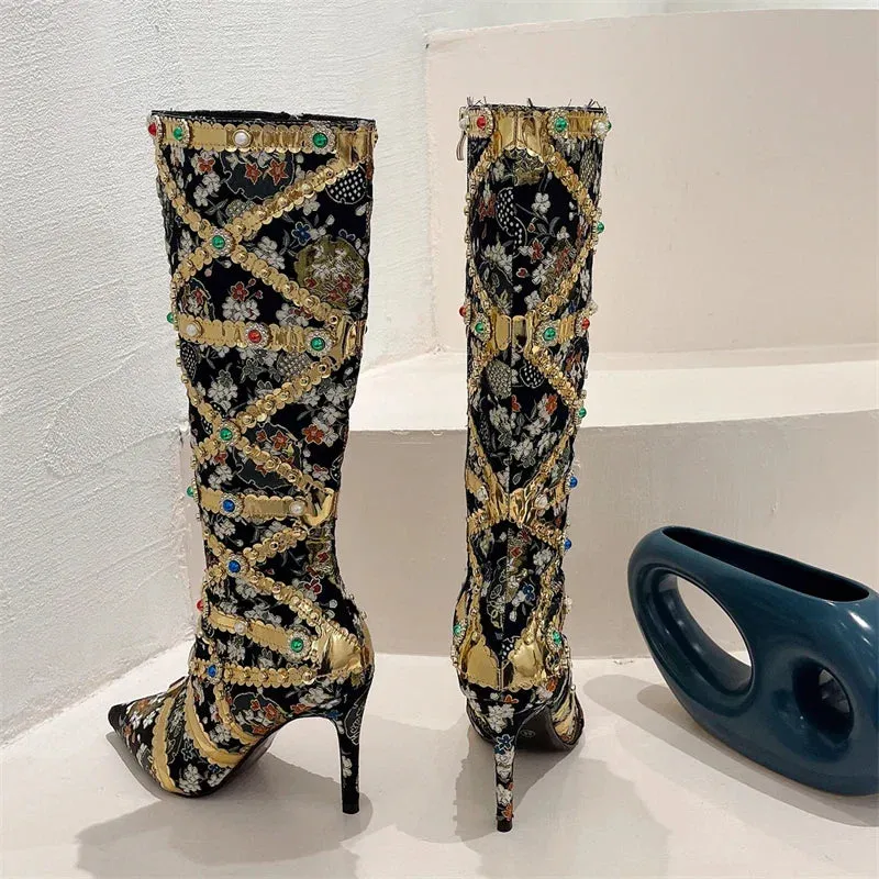 Gold Embellished Knee High Heeled Boots